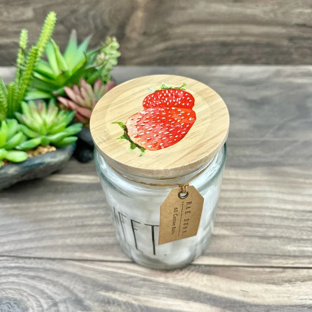 NIB RAE DUNN Large Glass Jar w 60 Cotton Balls Sweet Strawberries Lidded Storage